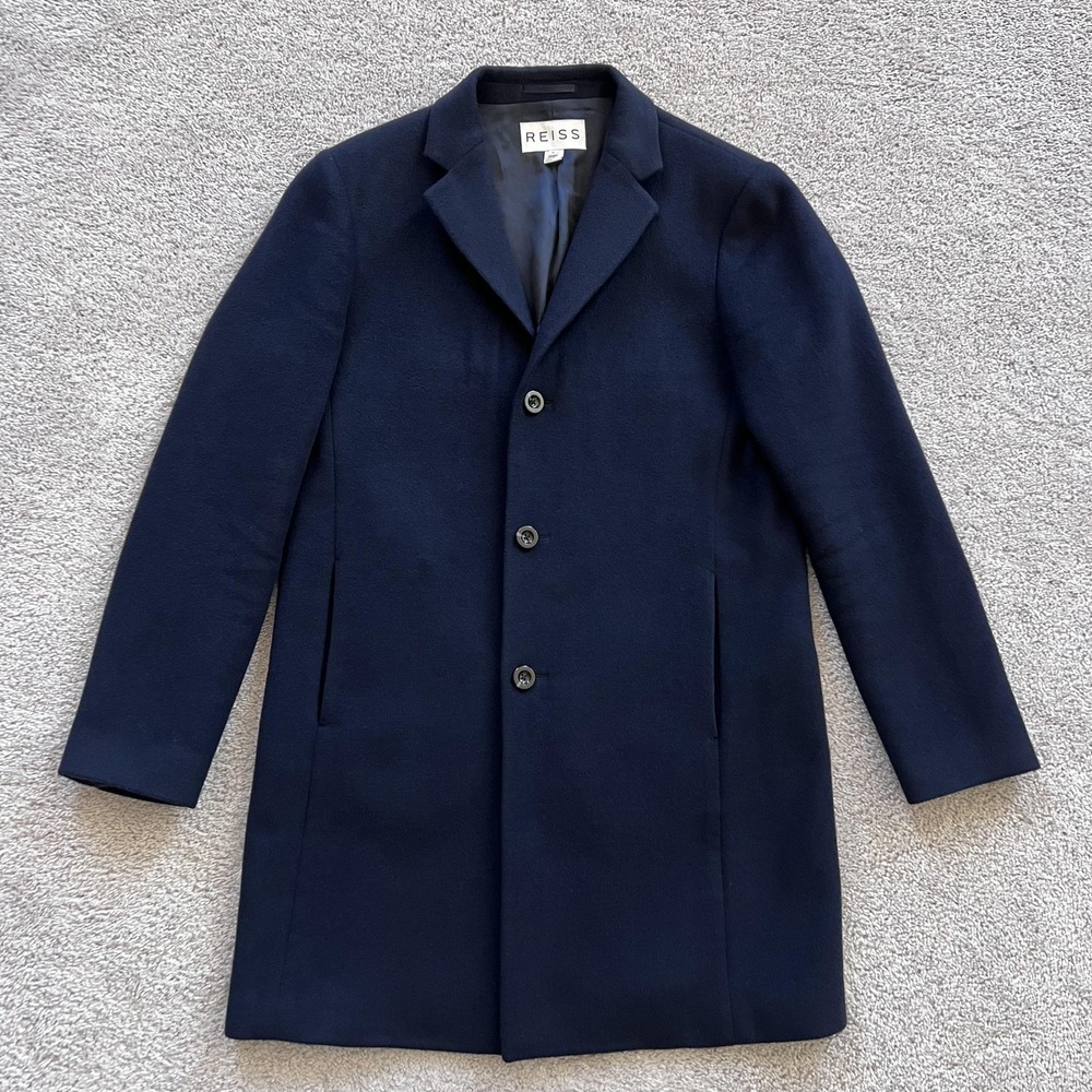 Reiss Gabriel Wool Blend Overcoat Mens M Navy Blue Single Breasted
